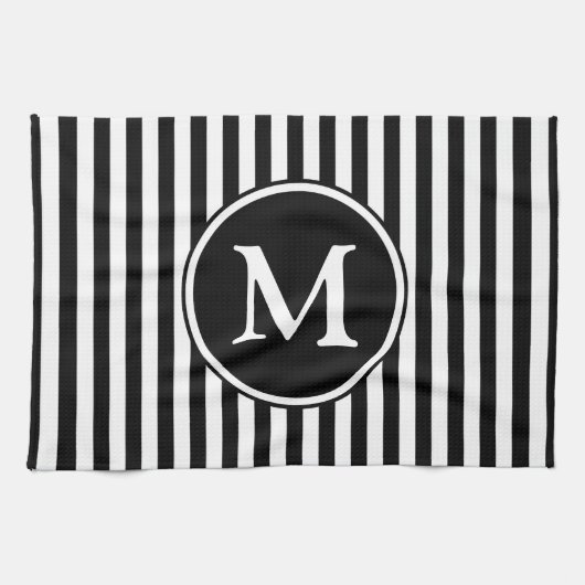 Moderne Monogram Zwarte En Witte Strepen Theedoek (Horizontaal)