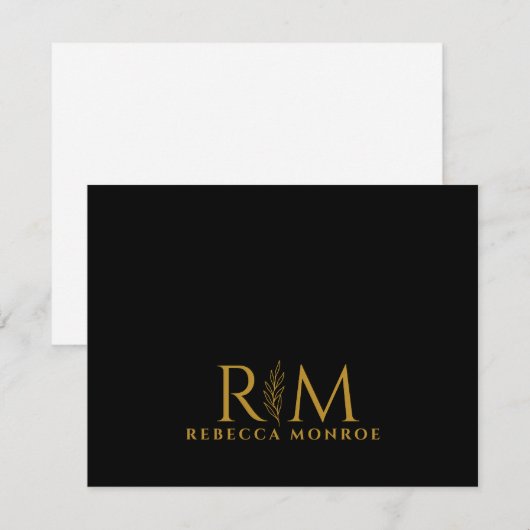 Moderne Monogram Zwarte Goud Naam Notitiekaartje (Voorkant / Achterkant)