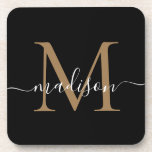 Moderne monogram zwarte gouden eminine scriptnaam bier onderzetter<br><div class="desc">Modern monogram zwart goud eminine scriptnaam bagage</div>