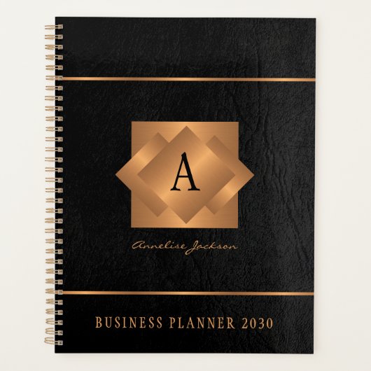 Moderne monogram zwarte goudnaam, elegant planner (Voorkant)