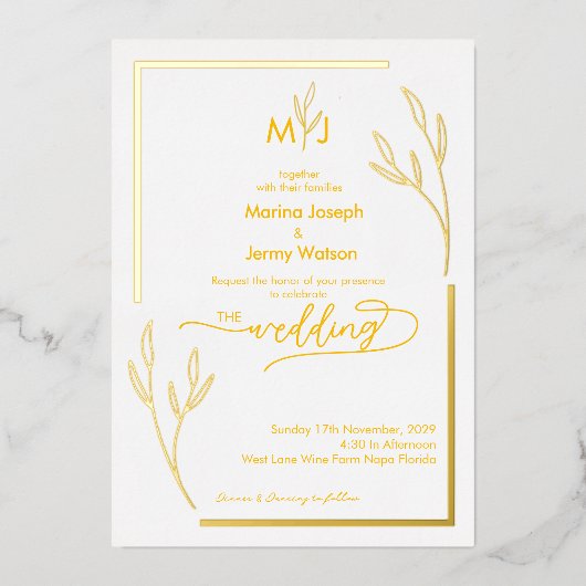 Moderne Monogramletter met Gouden Blaadjesrand Sch Folie Uitnodiging (Voorkant)