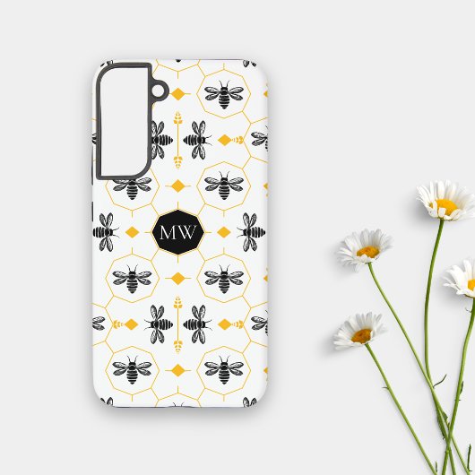 Moderne Monogrammed Bee Zwart Geel Honingraat Chic Samsung Galaxy Hoesje