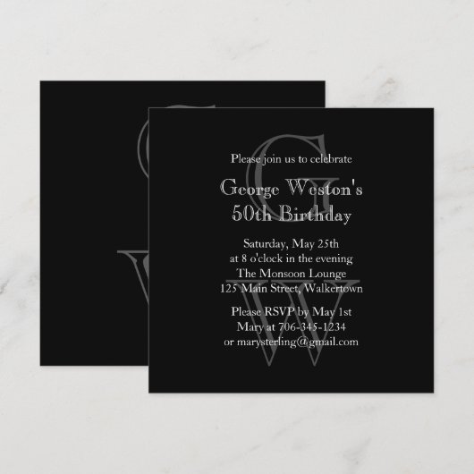 Moderne Monogrammed Birthday Invitation (zwart) Kaart (Voorkant / Achterkant)