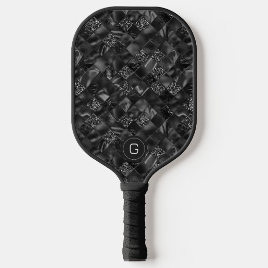 Moderne Monogrammed Elegant Zwart Faux Glitter Fol Pickleball Paddle (Voorkant)