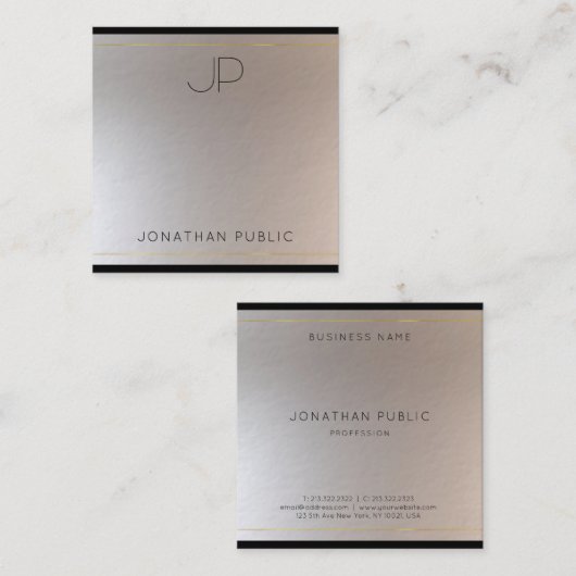 Moderne monogrammed Gold Silver Sjabloon Glamor Vierkante Visitekaartje (Voorkant / Achterkant)