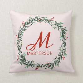 Moderne Monogrammed Holly Wreath Kerstmis Kussen