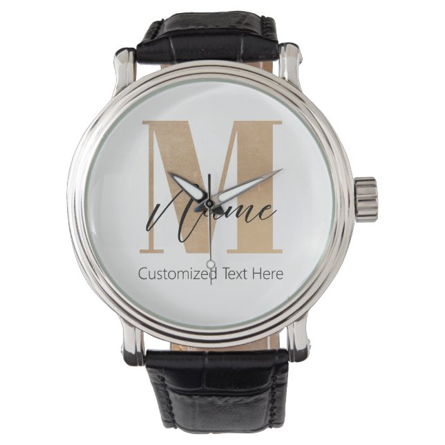 Moderne Monogrammed Initiaal M & Naam Gepersonalis Horloge (Voorkant)