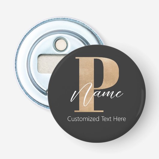 Moderne Monogrammed Initiaal P & Naam Gepersonalis Button Flesopener (Voorkant)