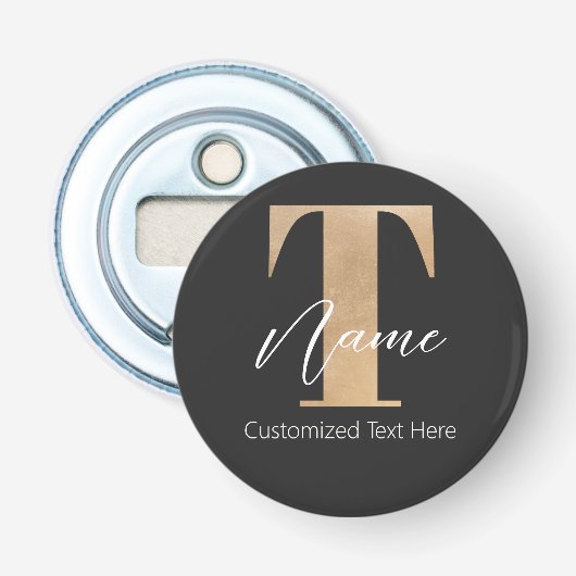 Moderne Monogrammed Initiaal T & Naam Gepersonalis Button Flesopener (Voorkant)