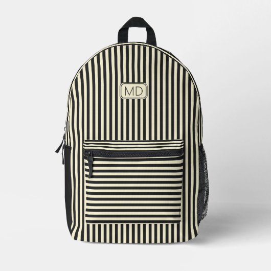 Moderne Monogrammed Retro Black & Cream Stripes Bedrukte Rugzak (Voorkant)