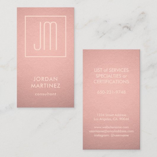 Moderne Monogrammed Roos Gold Faux Folie Verticaal Visitekaartje (Voorkant / Achterkant)