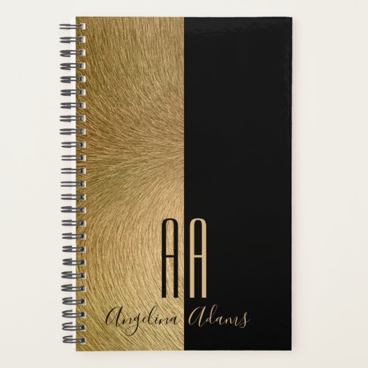 Moderne Monogrammed Zwart en Goud Bont Planner (Voorkant)