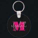 Moderne monogrammen sleutelhanger<br><div class="desc">Stijlvol monogram initiaal en uw voornaam in chique roze en witte letters op zwart zijn te zien op deze leuke sleutelhanger.</div>