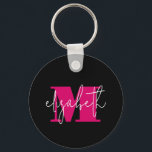 Moderne monogrammen sleutelhanger<br><div class="desc">Stijlvol monogram initiaal en uw voornaam in chique roze en witte letters op zwart zijn te zien op deze leuke sleutelhanger.</div>