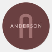 Moderne monogramnaam | donkerrood ronde sticker (Voorkant)