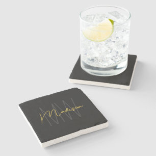Moderne Monogramnaam Schrift Zwart Goud Stenen Onderzetter
