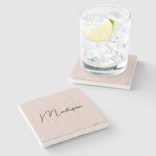 Moderne Monogramnaam Script Roze Roos Stenen Onderzetter