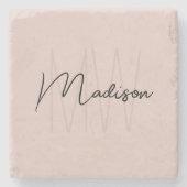 Moderne Monogramnaam Script Roze Roos Stenen Onderzetter (Voorkant)