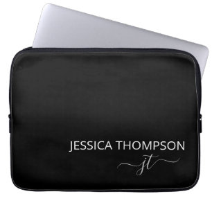 Moderne Monogramnaam Stijlvolle Zwart Wit Laptop Sleeve
