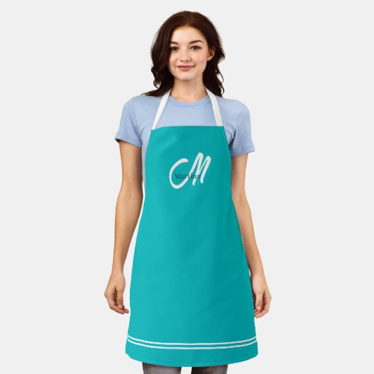 Moderne Monogramnaam Turquoise Schort (Gedragen)