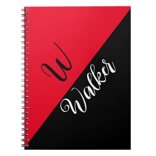 Moderne Monogramnaam - Zwart Rood Spiraal Notebook Notitieboek (Voorkant)