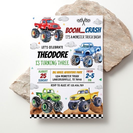 Moderne Monster Truck Kids Verjaardagsfeest Kaart