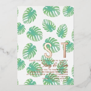 Moderne Monstera-blad Botanische Trouwpers Folie Uitnodiging