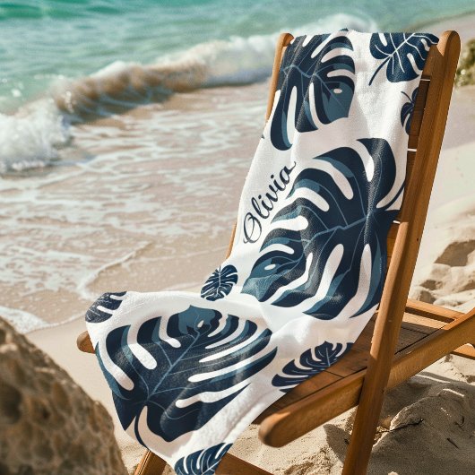 Moderne Monstera Blauw Blauw Blauw & Wit Strandlak Strandlaken