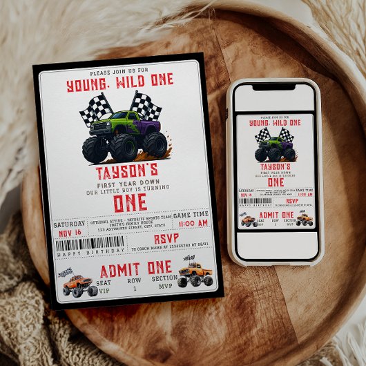 Moderne Monstertrucks 1e Verjaardagsfeestje Kaart