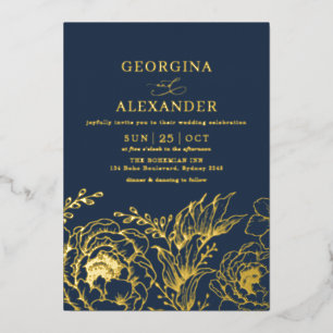 Moderne Moody Navy Blauwe Gouden Botanische Bruilo Folie Uitnodiging