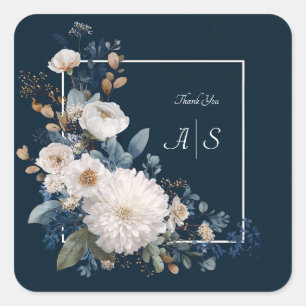 Moderne Moody Navy Blauwe Witte Pioen Bloemige Hoe Vierkante Sticker