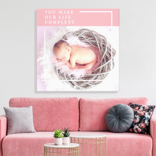 Moderne Mooie Babyfoto | Roze & Wit | Spreuk Canvas Afdruk (Insitu (Woonkamer))