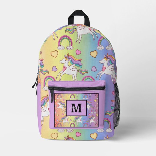 Moderne Mooie Eenhoorn en Regenboog Monogram Naam Bedrukte Rugzak (Voorkant)