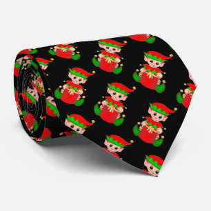 Moderne Mooie Kerst Elf Patroon op Zwart Stropdas