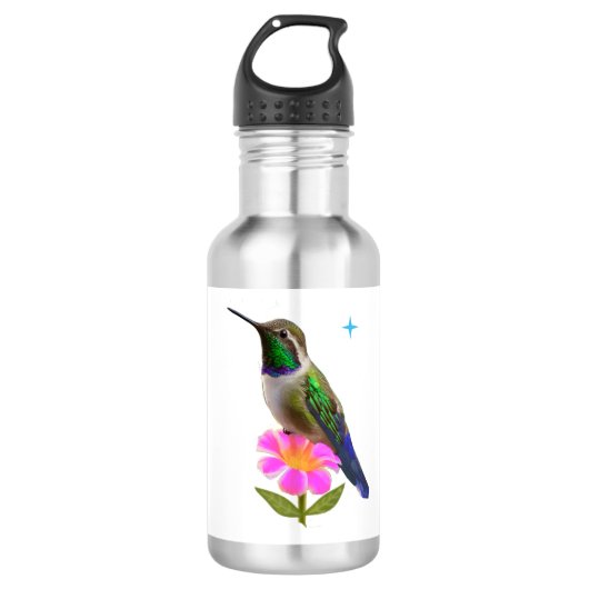 Moderne Mooie Kolibrie met Bloem op Wit Waterfles (Voorkant)