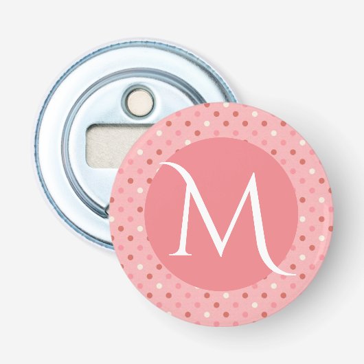Moderne Mooie Roze Stippen Monogram Button Flesopener (Voorkant)