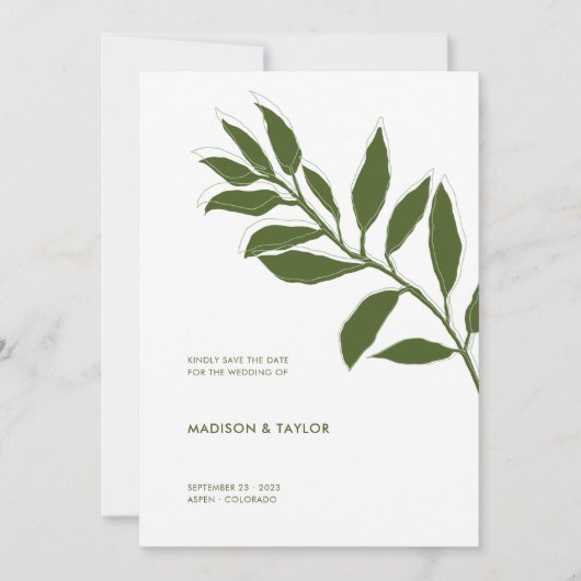 Moderne Moss Green Two Tone Botanical Illustratie Save The Date (Voorkant)