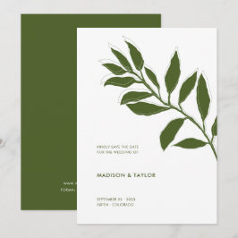 Moderne Moss Green Two Tone Botanical Illustratie Save The Date