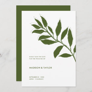 Moderne Moss Green Two Tone Botanical Illustratie Save The Date