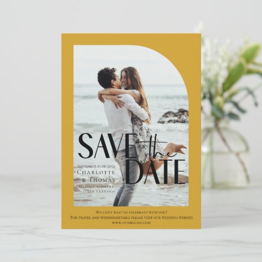 Moderne, mosterdgeel foto-bewaar de datum kaart (Staand voorkant)