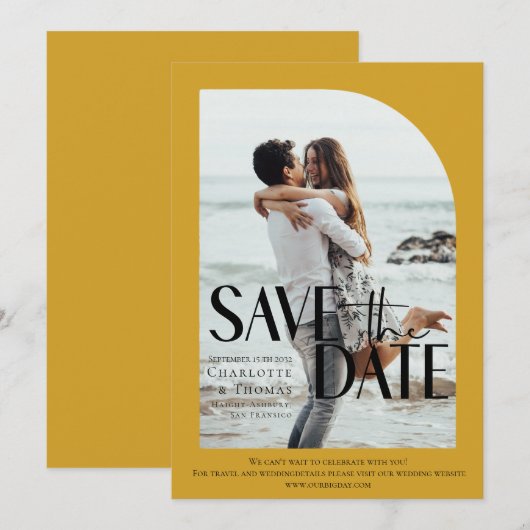 Moderne, mosterdgeel foto-bewaar de datum kaart (Voorkant / Achterkant)