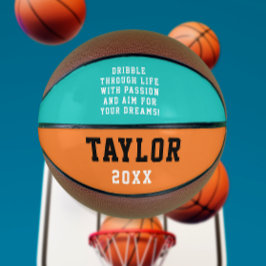 Moderne motivatie turquoise oranje naam typografie basketbal