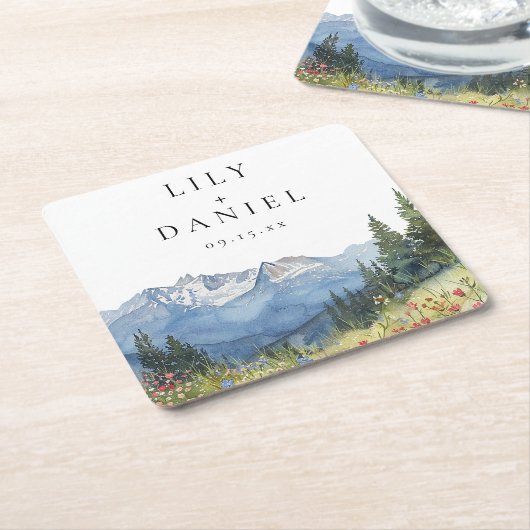 Moderne Mountain Wildflower bruiloft Kartonnen Onderzetters (Schuin)
