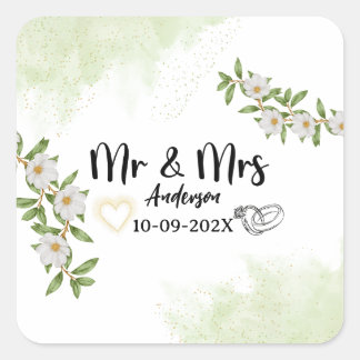 Moderne mr & mevrouw wit en groen waterverf bloemm vierkante sticker