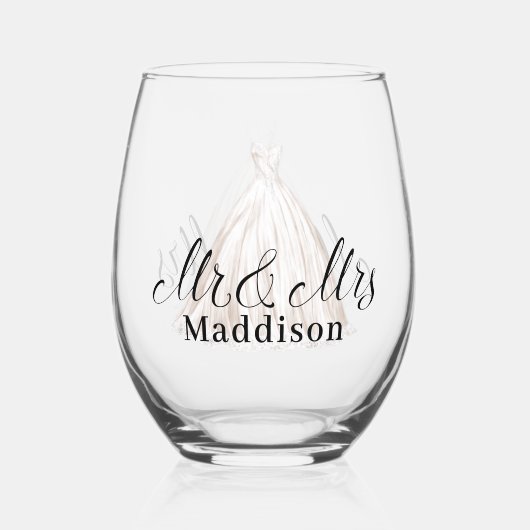 Moderne Mr & Mrs Classic White Trouwjurk Wijnglas Zonder Voet (Voorkant)