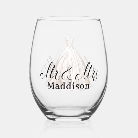 Moderne Mr & Mrs Classic White Trouwjurk Wijnglas Zonder Voet (Achterkant)