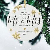 Moderne Mr & Mrs Gold Snowflake Onze eerste Kerstm Keramisch Ornament