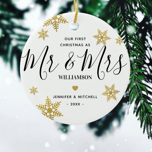 Moderne Mr & Mrs Gold Snowflake Onze eerste Kerstm Keramisch Ornament