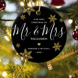 Moderne Mr & Mrs Gold Snowflake Onze eerste Kerstm Keramisch Ornament