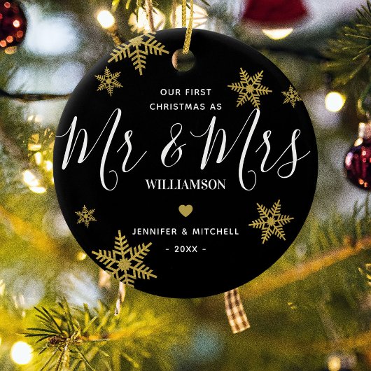 Moderne Mr & Mrs Gold Snowflake Onze eerste Kerstm Keramisch Ornament